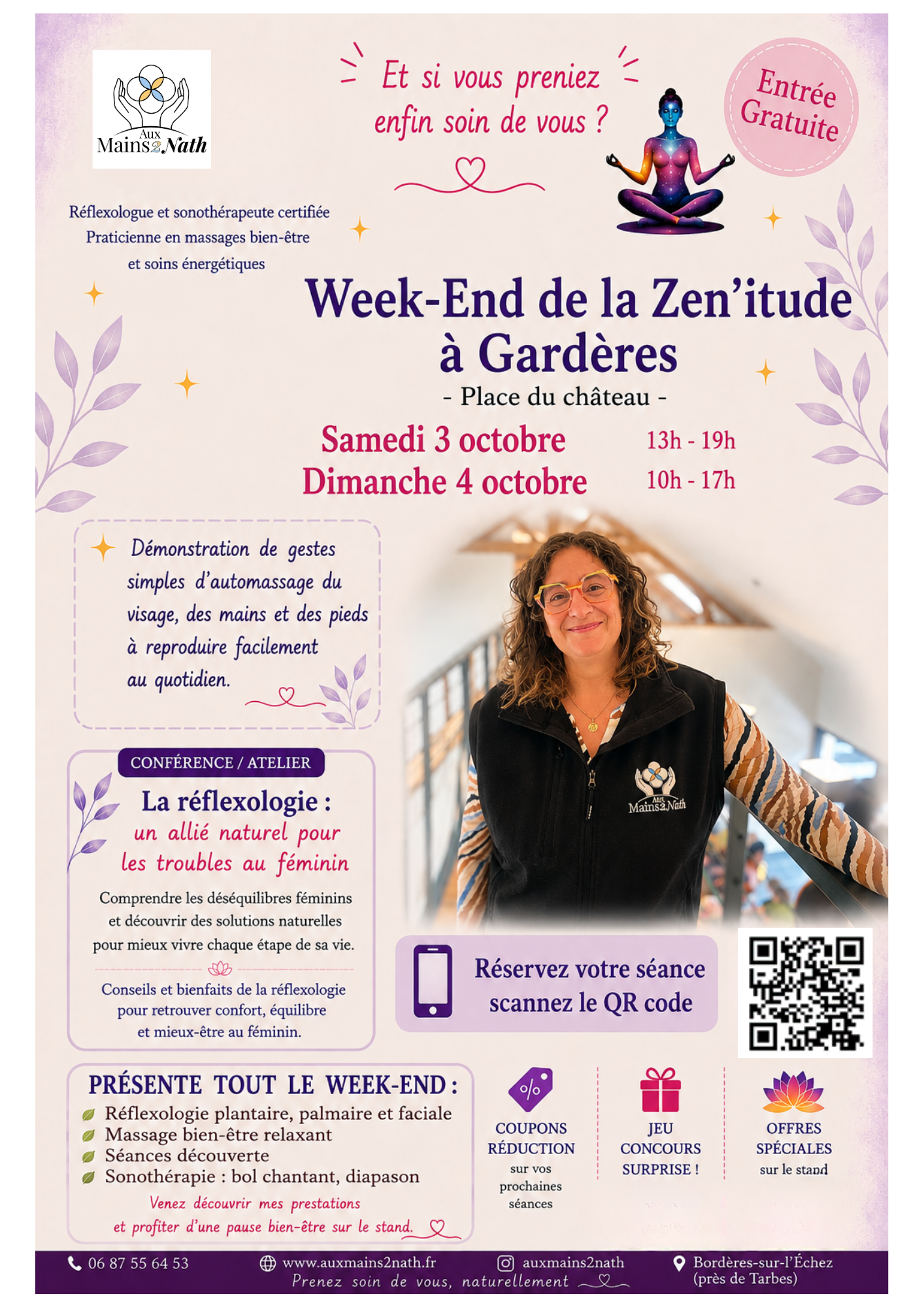 Nathalie Burky Aux Mains 2 Nath au Week-End de la Zen’Ittude à Gardères – réflexologie, massage bien-être, sonothérapie et conférence sur les troubles au féminin