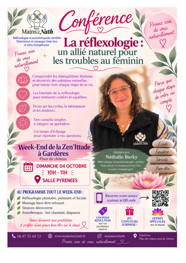 Conférence de Nathalie Burky, Aux Mains 2 Nath, sur la réflexologie comme allié naturel pour les troubles au féminin, dimanche 4 octobre 2026 à Gardères.