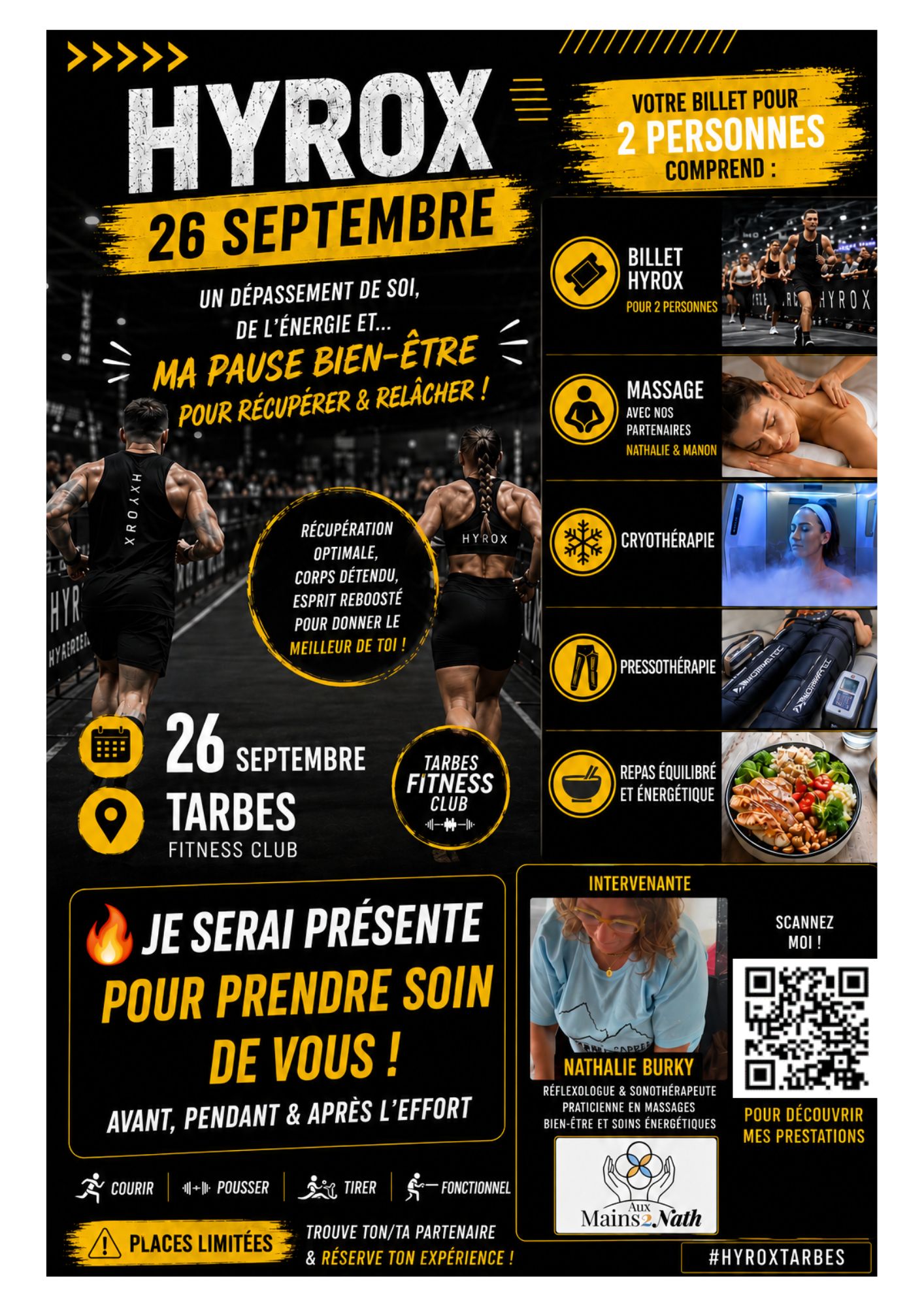 Nathalie Burky Aux Mains 2 Nath – réflexologie et massage bien-être pour la récupération sportive lors du HYROX Tarbes du 26 septembre 2026