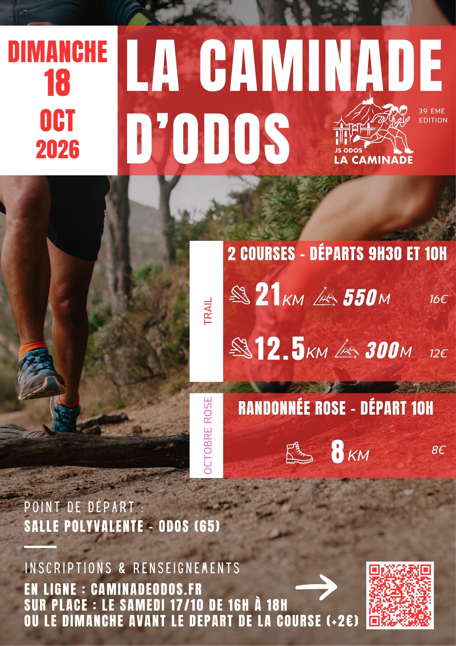 Affiche officielle La Caminade d’Odos 2026 – trails 21 km et 12,5 km et randonnée rose 8 km à Odos