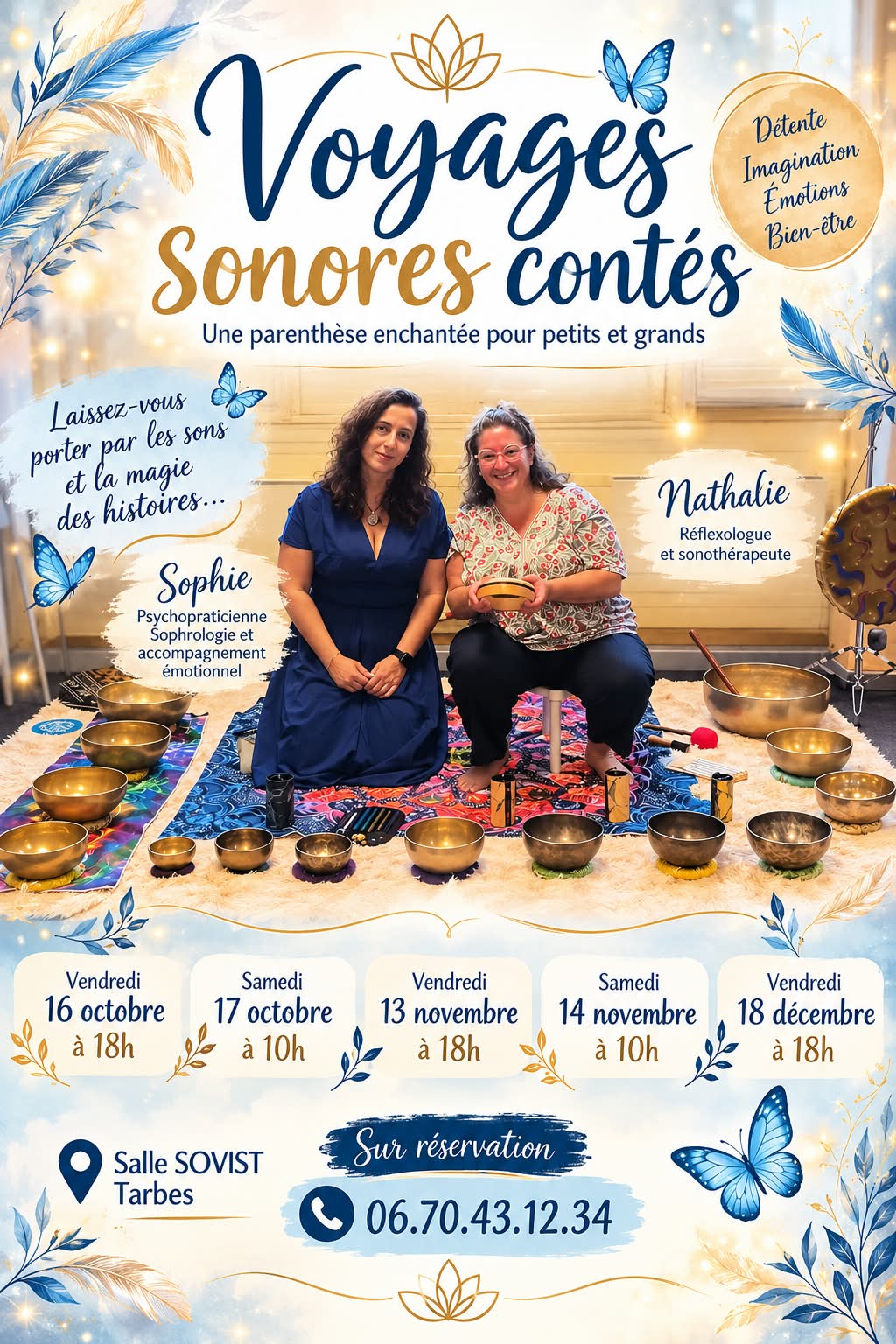 Affiche des voyages sonores contés à Tarbes avec Sophie de SOVIST et Nathalie d’Aux Mains 2 Nath, réflexologue et sonothérapeute