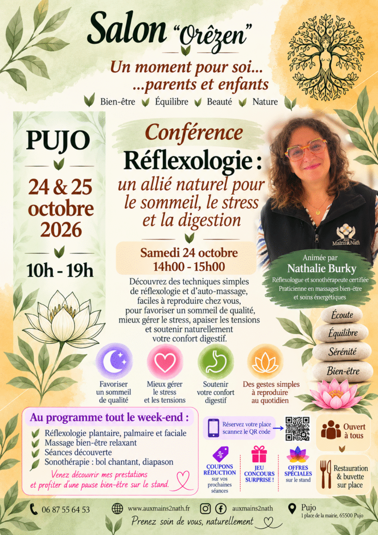 Nathalie Burky Aux Mains 2 Nath au Salon OREZEN Pujo – conférence réflexologie sommeil stress digestion