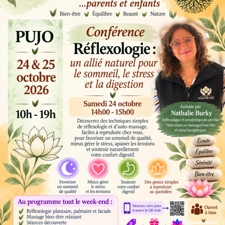 Nathalie Burky Aux Mains 2 Nath au Salon OREZEN Pujo – conférence réflexologie sommeil stress digestion
