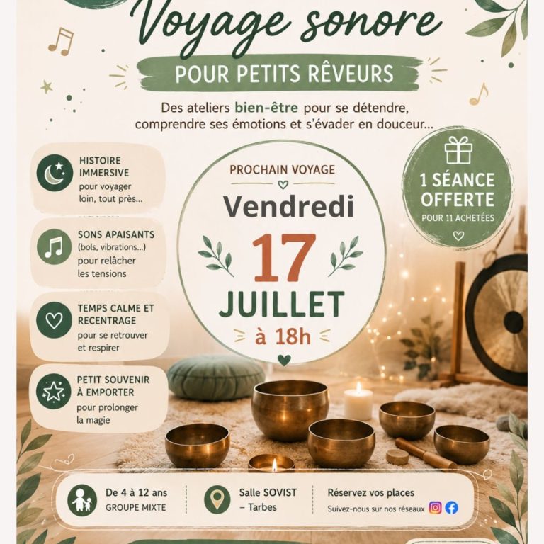 Voyage Stellaire Sonore du 17 juillet 2026. Découvrez les bienfaits des voyages sonores pour les enfants : détente, gestion des émotions, concentration, imagination et sommeil.