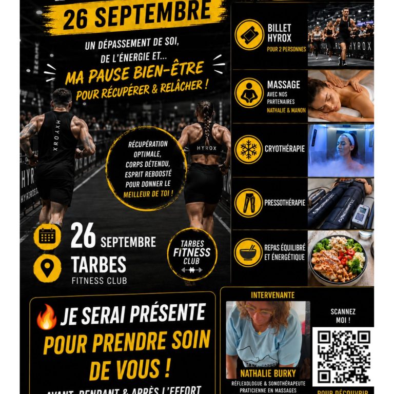 Nathalie Burky Aux Mains 2 Nath – réflexologie et massage bien-être pour la récupération sportive lors du HYROX Tarbes du 26 septembre 2026